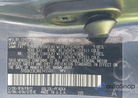 2008 Toyota Sienna Ce z USA, uszkodzony, nr VIN 5TDZK23C38S145500